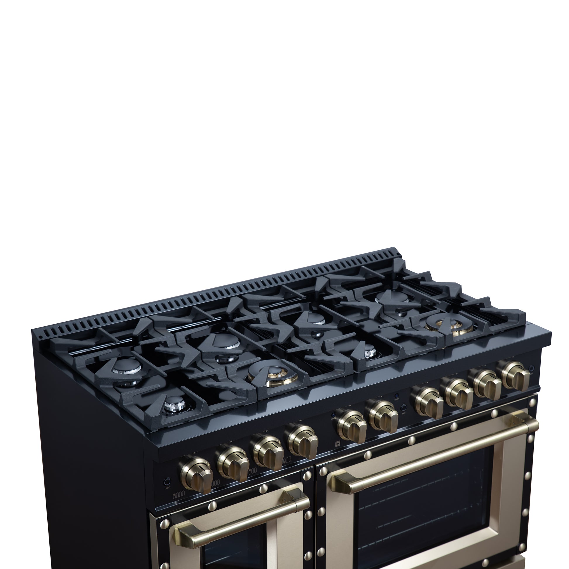 Valente 48" Dual Fuel Range in Black, 8 Sealed Burners, 94 000 BTU Cooktop Output, 6.7 Cu.Ft. Double Oven, Telescopic Racks - Forno Appliances