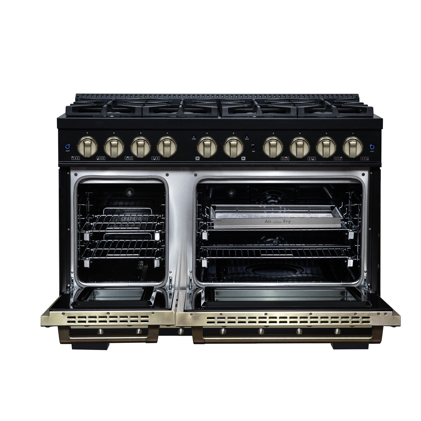 Valente 48" Dual Fuel Range in Black, 8 Sealed Burners, 94 000 BTU Cooktop Output, 6.7 Cu.Ft. Double Oven, Telescopic Racks - Forno Appliances