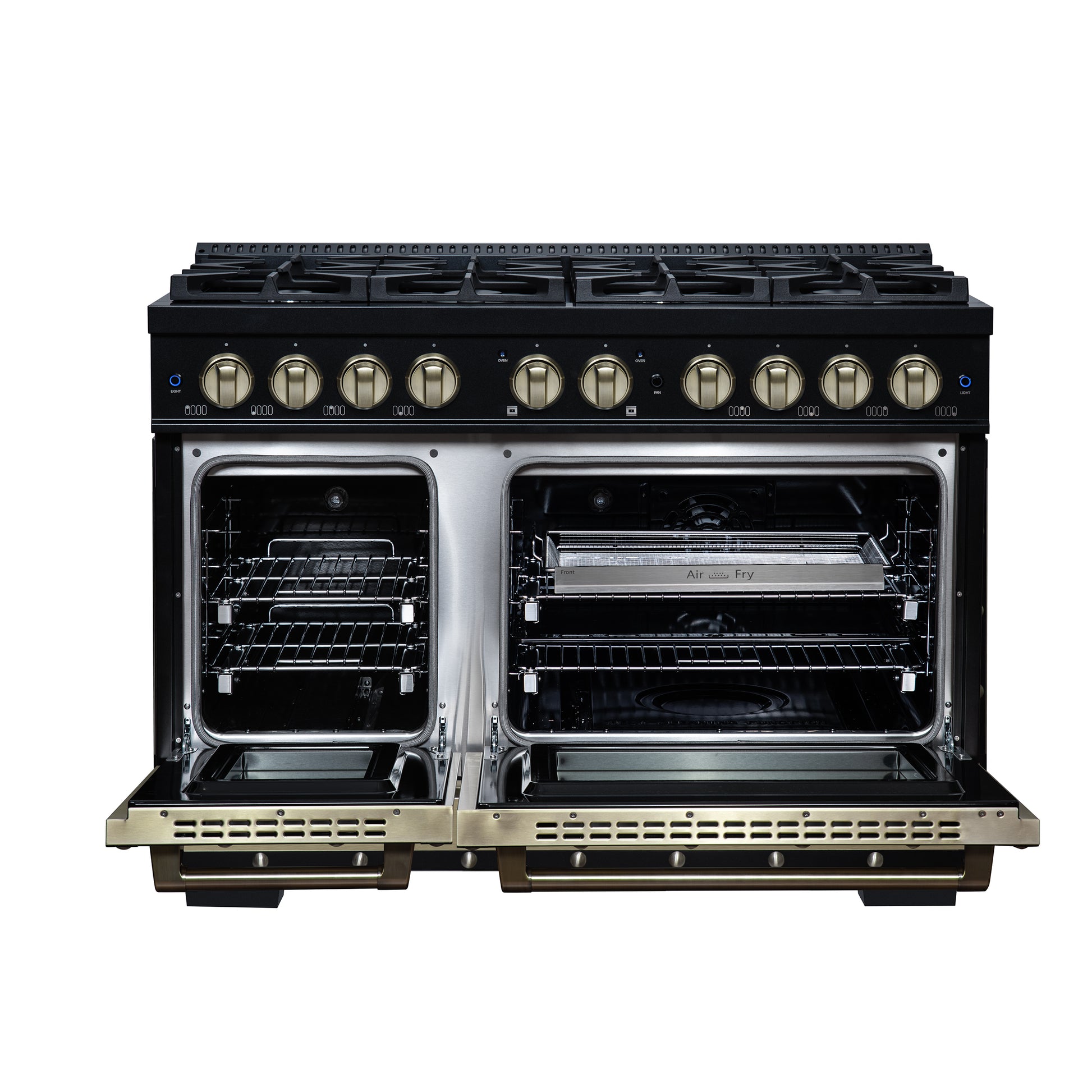 Valente 48" Dual Fuel Range in Black, 8 Sealed Burners, 94 000 BTU Cooktop Output, 6.7 Cu.Ft. Double Oven, Telescopic Racks - Forno Appliances