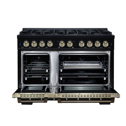 Valente 48" Dual Fuel Range in Black, 8 Sealed Burners, 94 000 BTU Cooktop Output, 6.7 Cu.Ft. Double Oven, Telescopic Racks - Forno Appliances