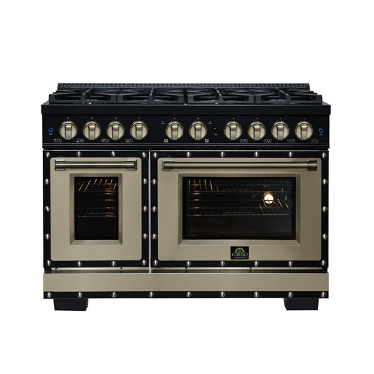Valente 48" Dual Fuel Range in Black, 8 Sealed Burners, 94 000 BTU Cooktop Output, 6.7 Cu.Ft. Double Oven, Telescopic Racks - Forno Appliances