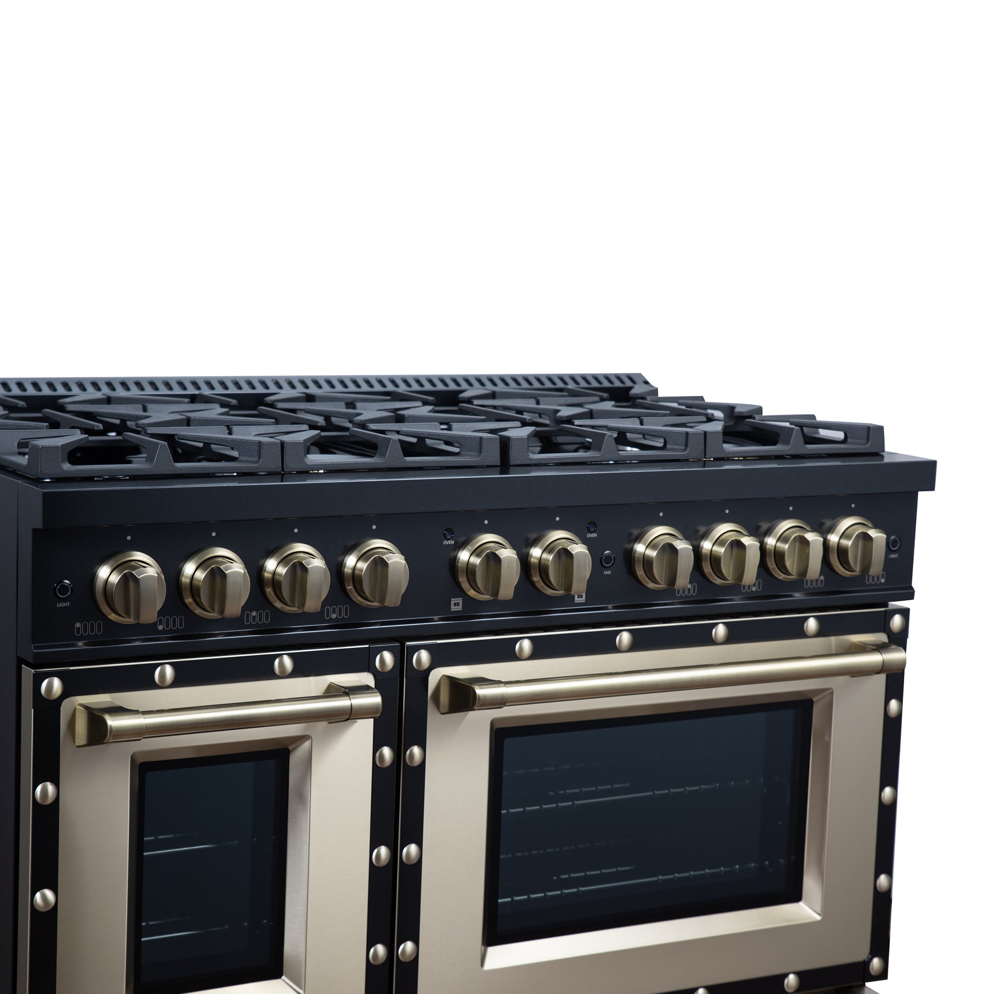 Valente 48" Dual Fuel Range in Black, 8 Sealed Burners, 94 000 BTU Cooktop Output, 6.7 Cu.Ft. Double Oven, Telescopic Racks - Forno Appliances