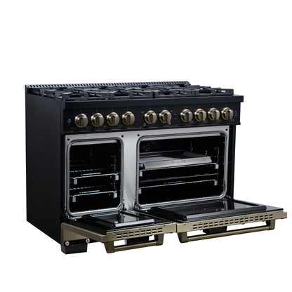 Valente 48" Dual Fuel Range in Black, 8 Sealed Burners, 94 000 BTU Cooktop Output, 6.7 Cu.Ft. Double Oven, Telescopic Racks - Forno Appliances
