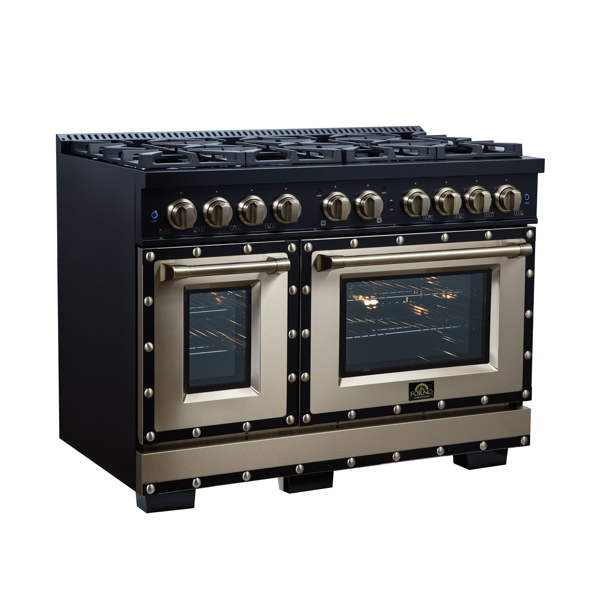 Valente 48" Dual Fuel Range in Black, 8 Sealed Burners, 94 000 BTU Cooktop Output, 6.7 Cu.Ft. Double Oven, Telescopic Racks - Forno Appliances