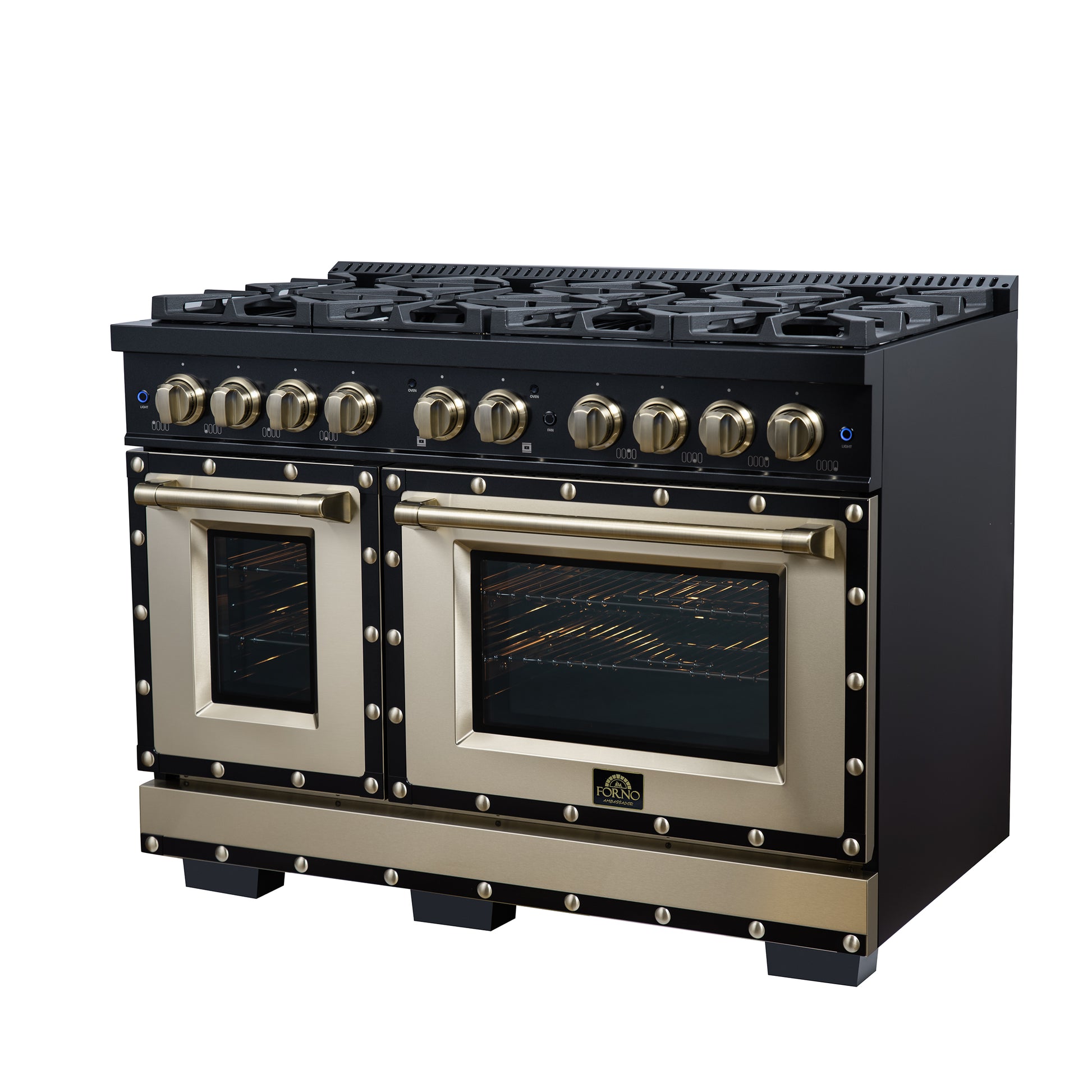 Valente 48" Dual Fuel Range in Black, 8 Sealed Burners, 94 000 BTU Cooktop Output, 6.7 Cu.Ft. Double Oven, Telescopic Racks - Forno Appliances