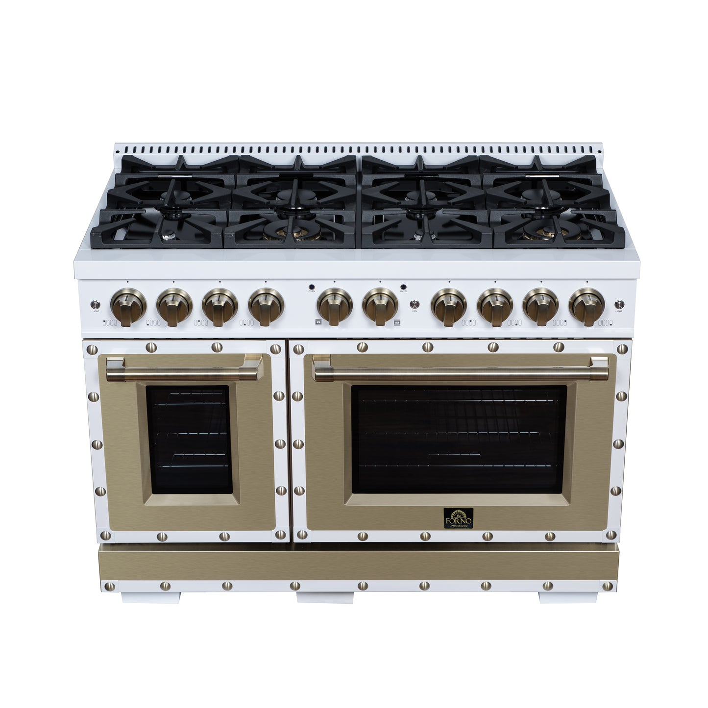Valente 48" Dual Fuel Range in White, 8 Sealed Burners, 94 000 BTU Cooktop Output, 6.7 Cu.Ft. Double Oven, Telescopic Racks - Forno Appliances