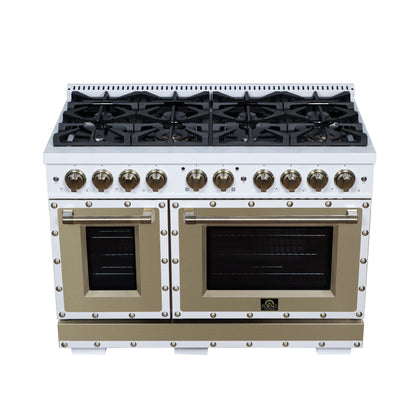 Valente 48" Dual Fuel Range in White, 8 Sealed Burners, 94 000 BTU Cooktop Output, 6.7 Cu.Ft. Double Oven, Telescopic Racks - Forno Appliances