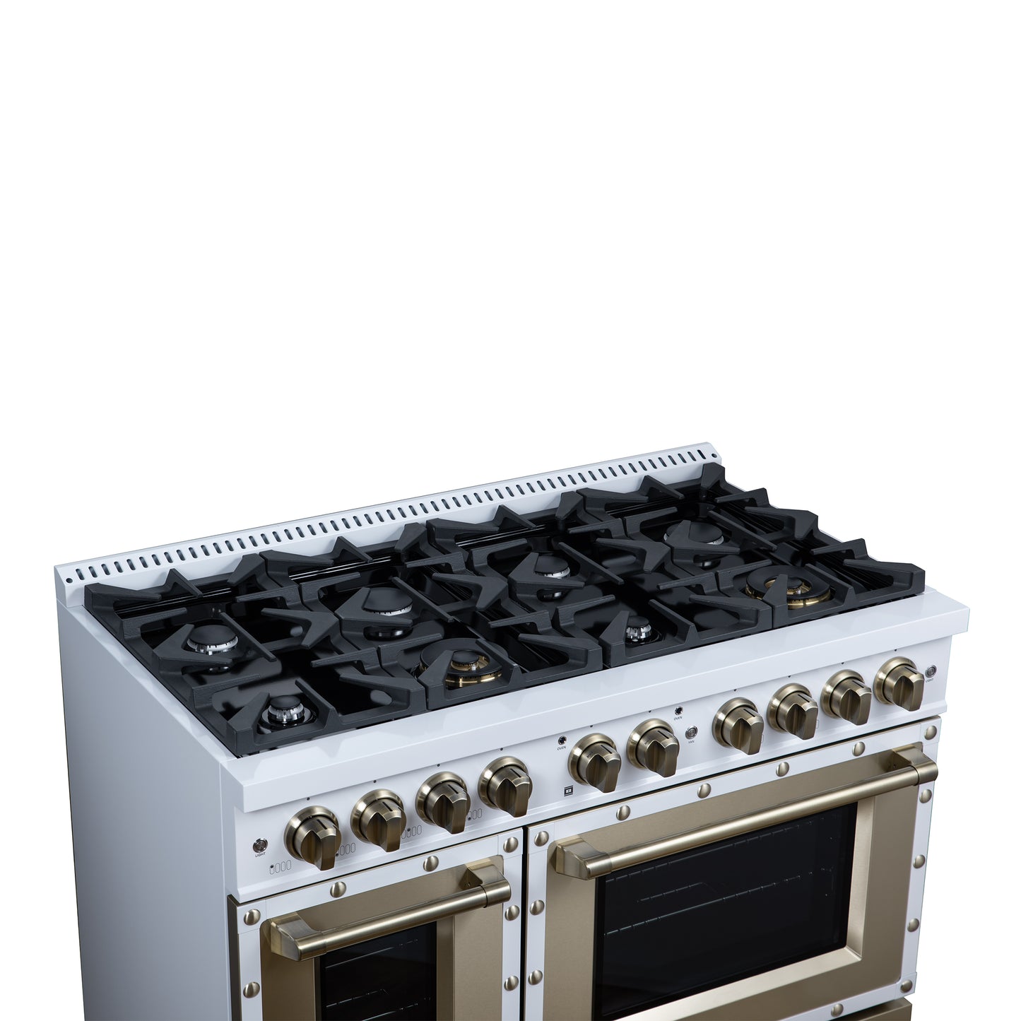 Valente 48" Dual Fuel Range in White, 8 Sealed Burners, 94 000 BTU Cooktop Output, 6.7 Cu.Ft. Double Oven, Telescopic Racks - Forno Appliances