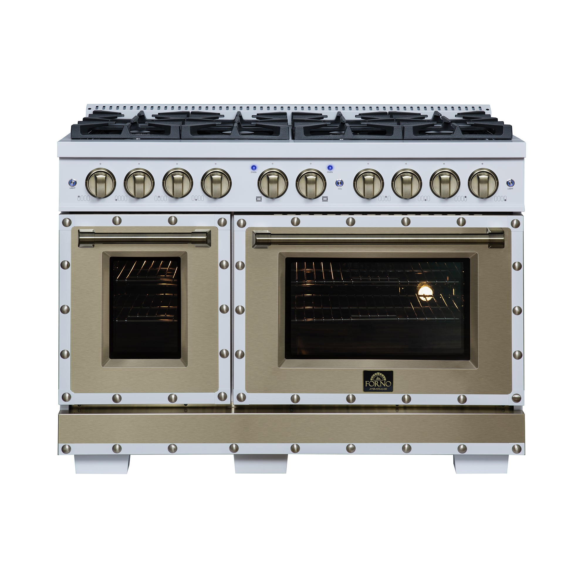 Valente 48" Dual Fuel Range in White, 8 Sealed Burners, 94 000 BTU Cooktop Output, 6.7 Cu.Ft. Double Oven, Telescopic Racks - Forno Appliances
