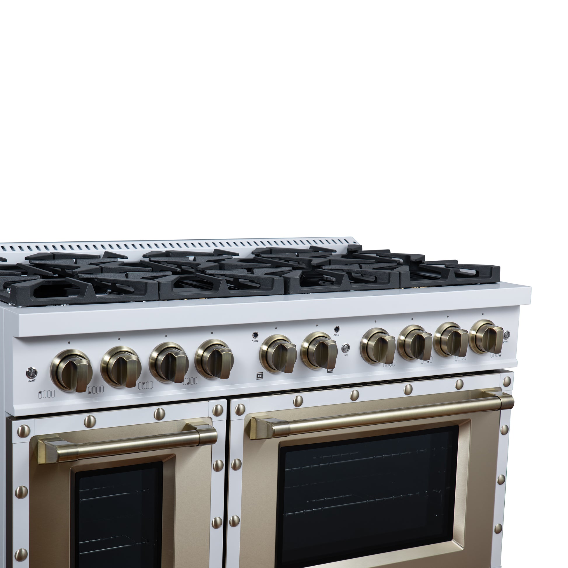 Valente 48" Dual Fuel Range in White, 8 Sealed Burners, 94 000 BTU Cooktop Output, 6.7 Cu.Ft. Double Oven, Telescopic Racks - Forno Appliances