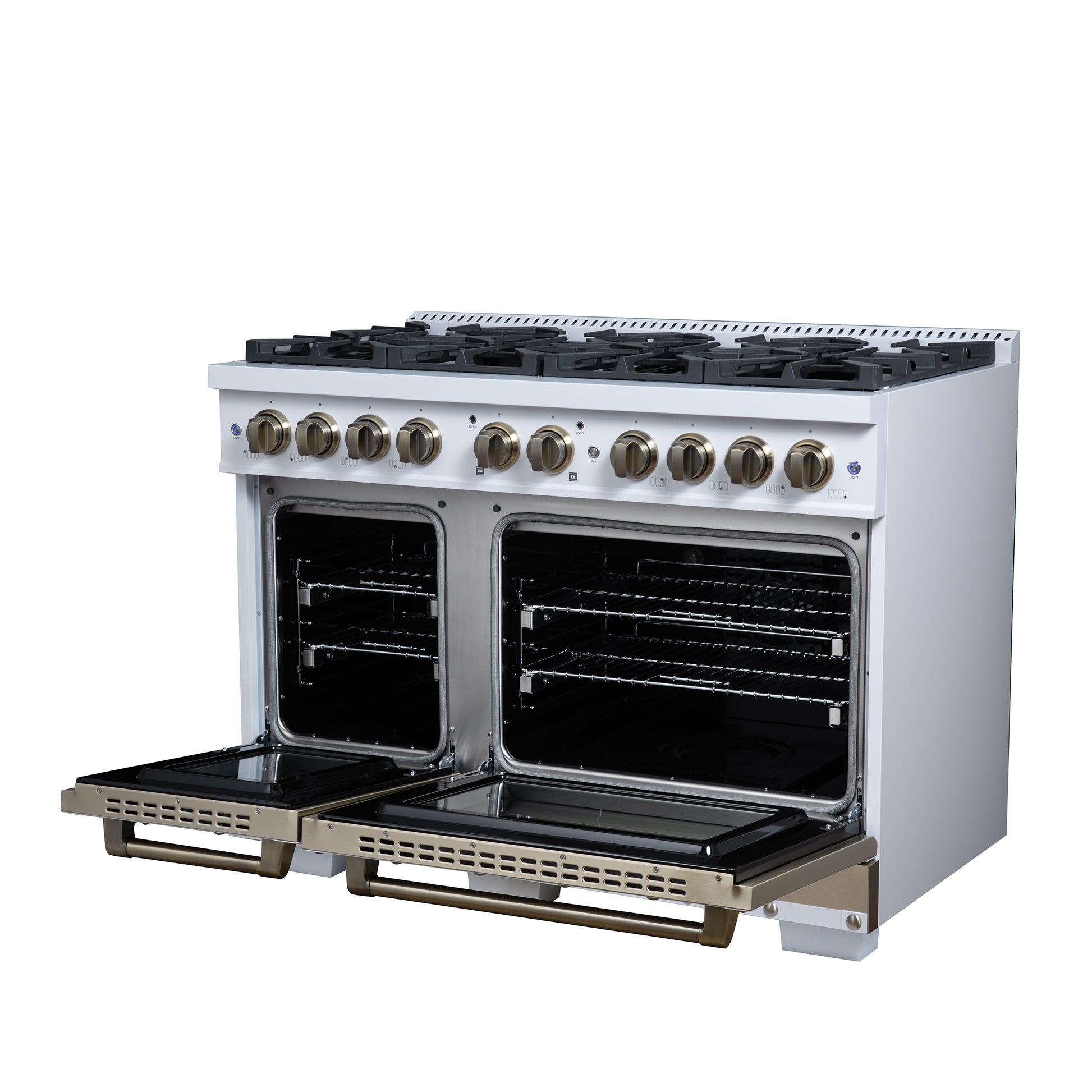 Valente 48" Dual Fuel Range in White, 8 Sealed Burners, 94 000 BTU Cooktop Output, 6.7 Cu.Ft. Double Oven, Telescopic Racks - Forno Appliances