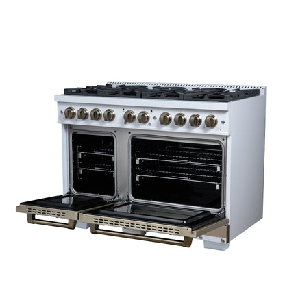Valente 48" Dual Fuel Range in White, 8 Sealed Burners, 94 000 BTU Cooktop Output, 6.7 Cu.Ft. Double Oven, Telescopic Racks - Forno Appliances