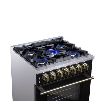 Forno Massimo 30-Inch Freestanding Dual Fuel Range in Black with Antique Brass Accessories, 4 Burners, 4.32 cu. ft. Convection Oven