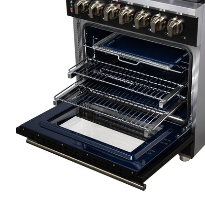 Forno Massimo 30-Inch Freestanding Dual Fuel Range in Black with Antique Brass Accessories, 4 Burners, 4.32 cu. ft. Convection Oven