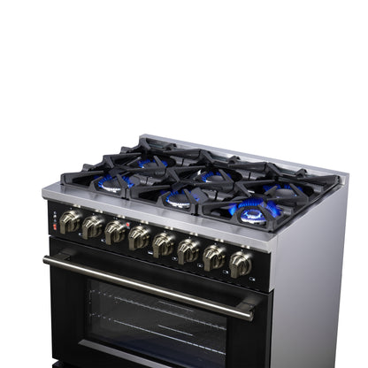 Forno Massimo 36 Inch Freestanding Dual Fuel Range in Black with Antique Brass Accessories, 6 Burners, 5.36 cu. ft. Convection Oven