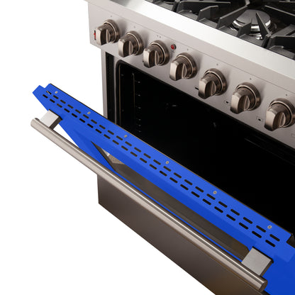 Forno Galiano 36-Inch Freestanding Dual Fuel Range, 6 Burners, Double Convection Ovens, Blue Door