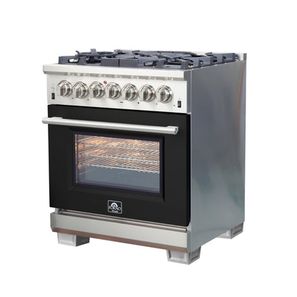Forno Capriasca 30-Inch Freestanding Dual Fuel Range, 4 Burners, True Convection Oven, Black Door