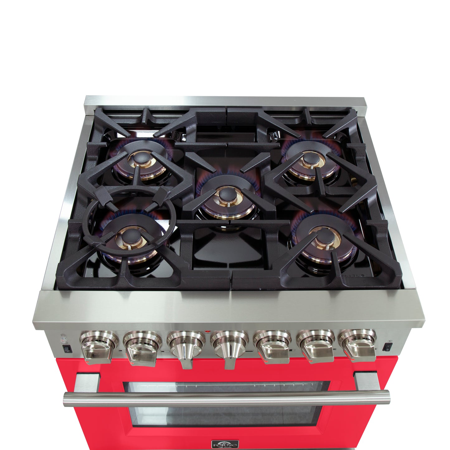 Forno Capriasca 30-Inch Freestanding Dual Fuel Range, 4 Burners, True Convection Oven, Red Door