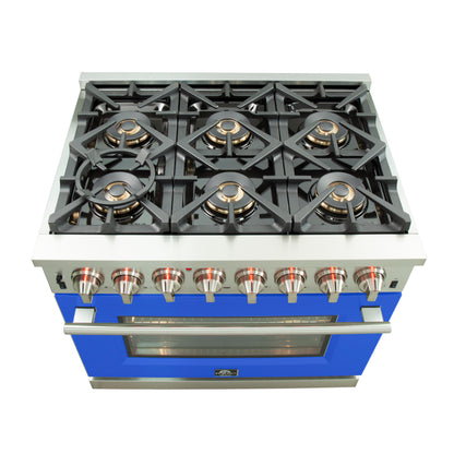 Forno Capriasca 36-Inch Freestanding Dual Fuel Range, 6 Burners, True Convection Oven, Blue Door