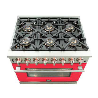 Forno Capriasca 36-Inch Freestanding Dual Fuel Range, 6 Burners, True Convection Oven, Red Door