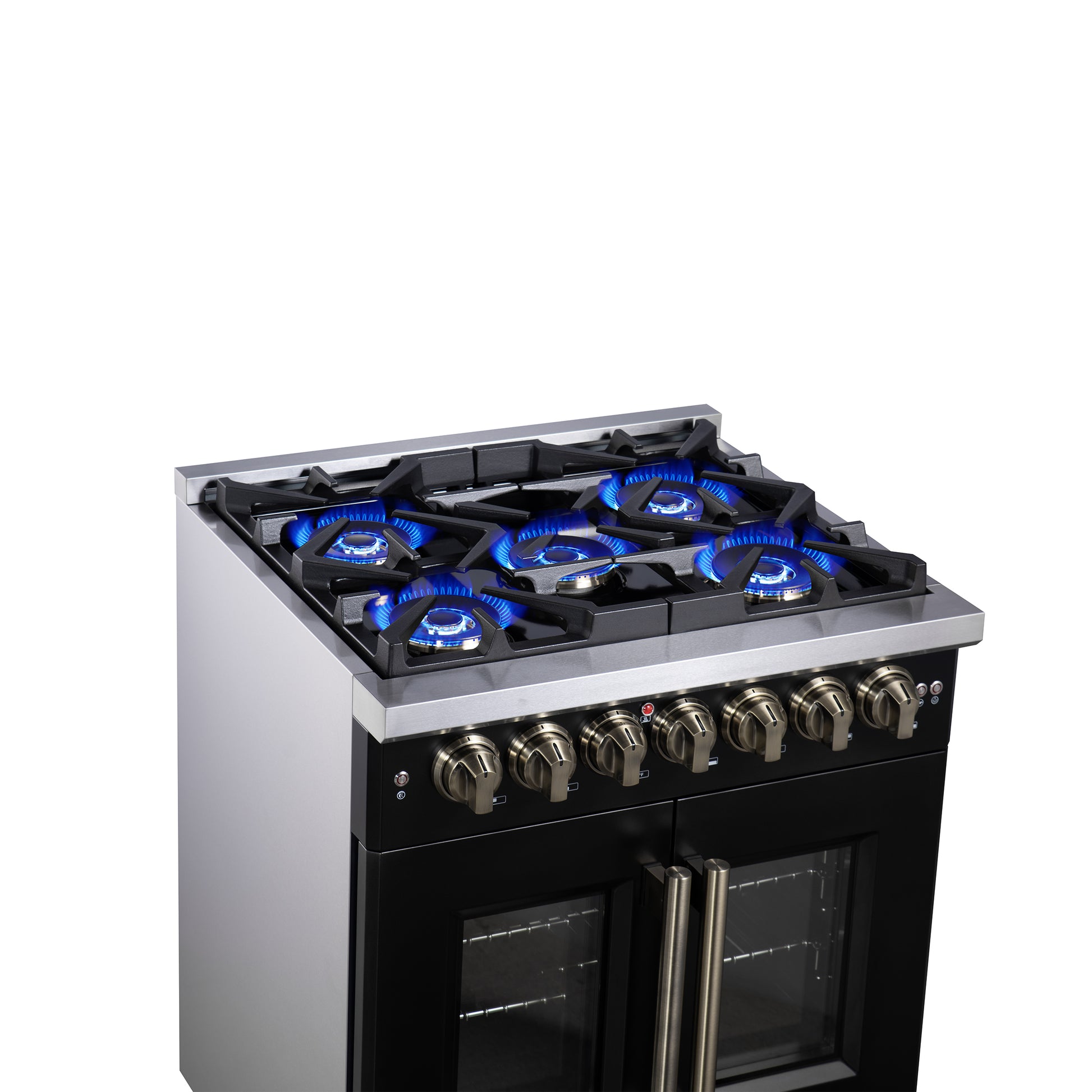 Forno Capriasca 30-Inch Freestanding French Door Dual Fuel Range in Black with Antique Brass Accessories, 5 Burners, True Convection Oven - Forno Appliances