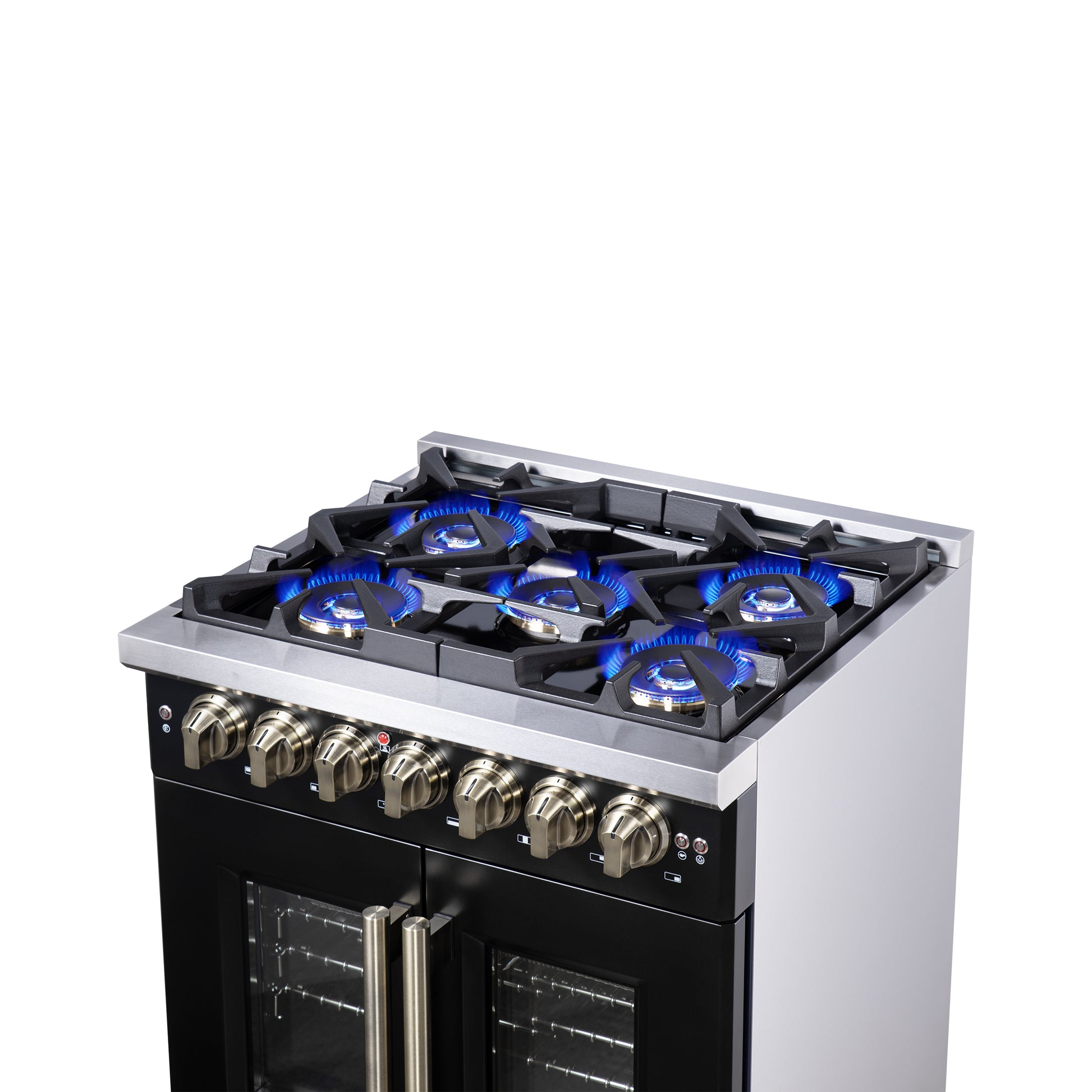 Forno Capriasca 30-Inch Freestanding French Door Dual Fuel Range in Black with Antique Brass Accessories, 5 Burners, True Convection Oven - Forno Appliances