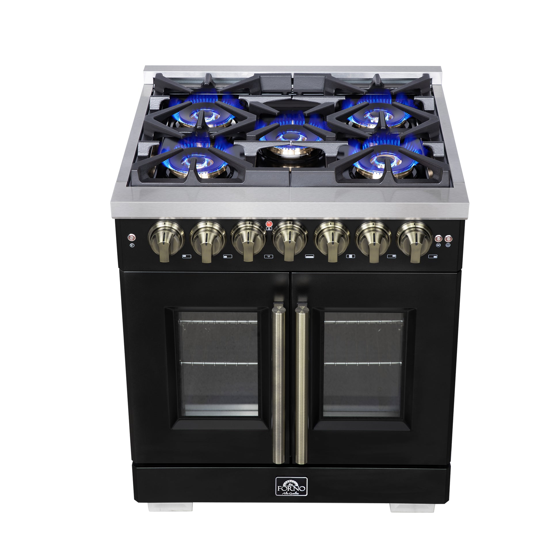 Forno Capriasca 30-Inch Freestanding French Door Dual Fuel Range in Black with Antique Brass Accessories, 5 Burners, True Convection Oven - Forno Appliances