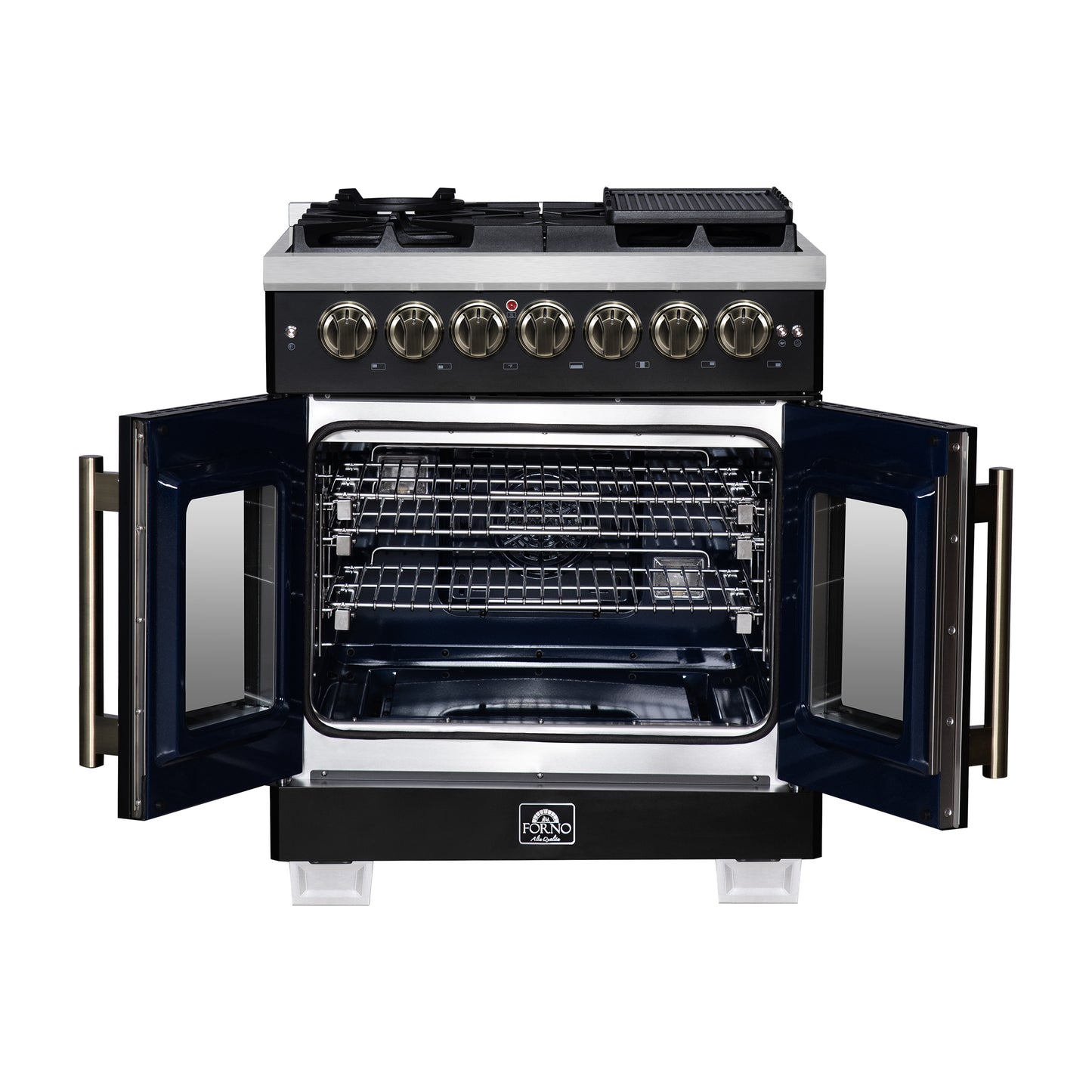 Forno Capriasca 30-Inch Freestanding French Door Dual Fuel Range in Black with Antique Brass Accessories, 5 Burners, True Convection Oven - Forno Appliances
