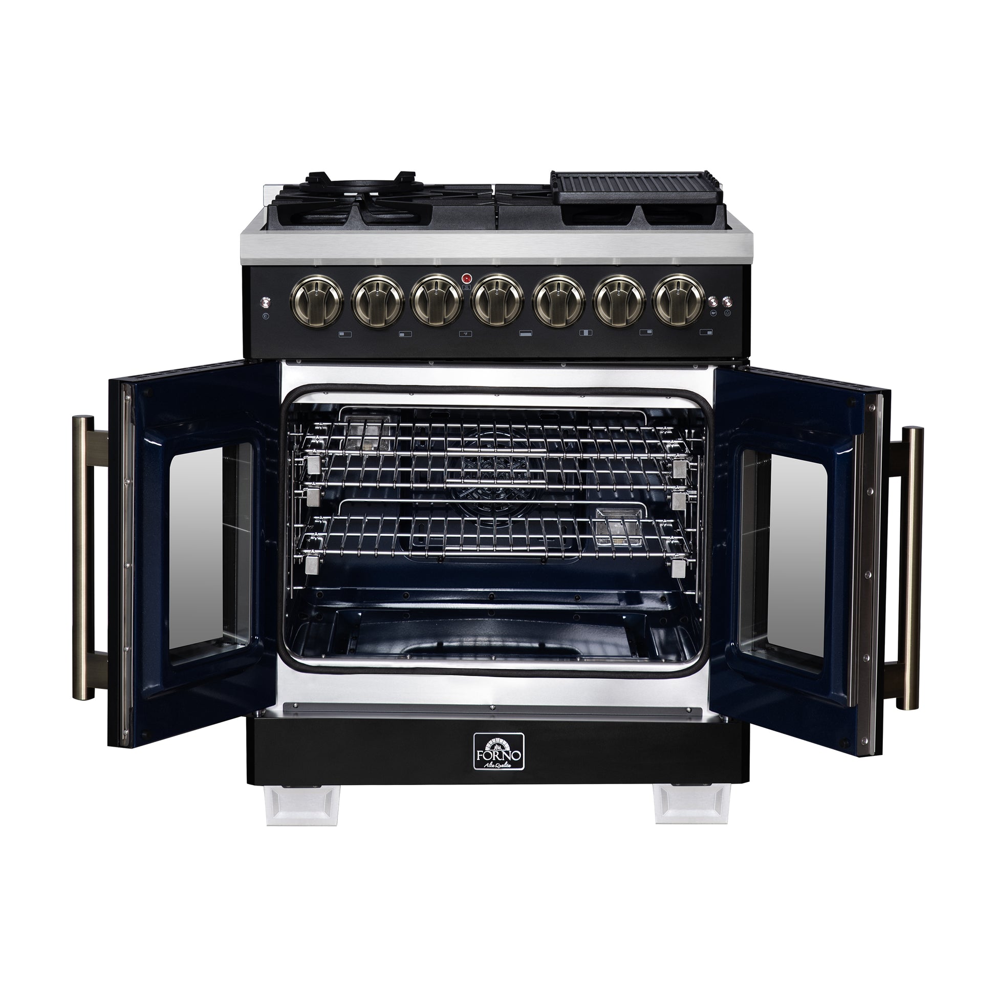 Forno Capriasca 30-Inch Freestanding French Door Dual Fuel Range in Black with Antique Brass Accessories, 5 Burners, True Convection Oven - Forno Appliances