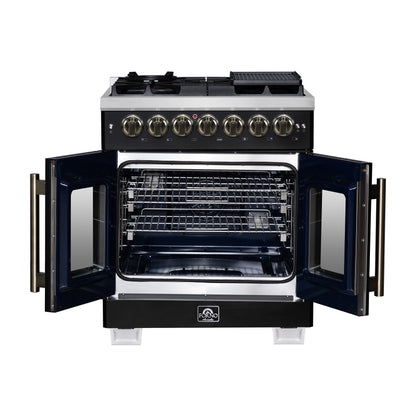 Forno Capriasca 30-Inch Freestanding French Door Dual Fuel Range in Black with Antique Brass Accessories, 5 Burners, True Convection Oven - Forno Appliances