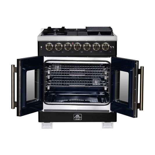 Forno Capriasca 30-Inch Freestanding French Door Dual Fuel Range in Black with Antique Brass Accessories, 5 Burners, True Convection Oven - Forno Appliances