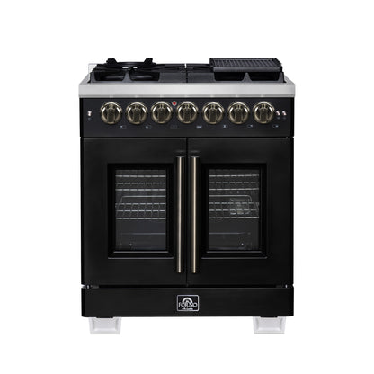 Forno Capriasca 30-Inch Freestanding French Door Dual Fuel Range in Black with Antique Brass Accessories, 5 Burners, True Convection Oven - Forno Appliances