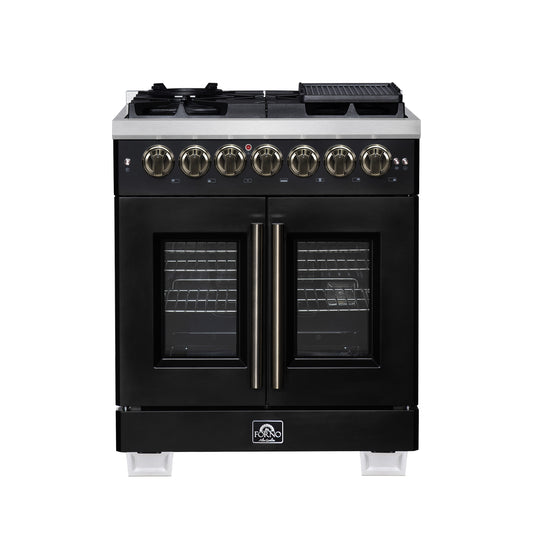 Forno Capriasca 30-Inch Freestanding French Door Dual Fuel Range in Black with Antique Brass Accessories, 5 Burners, True Convection Oven - Forno Appliances