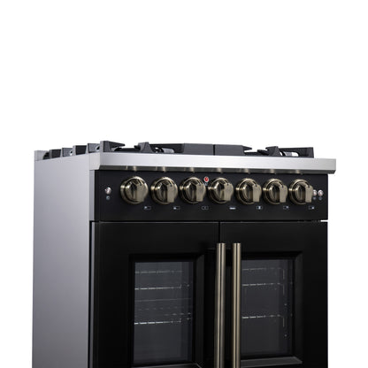 Forno Capriasca 30-Inch Freestanding French Door Dual Fuel Range in Black with Antique Brass Accessories, 5 Burners, True Convection Oven - Forno Appliances