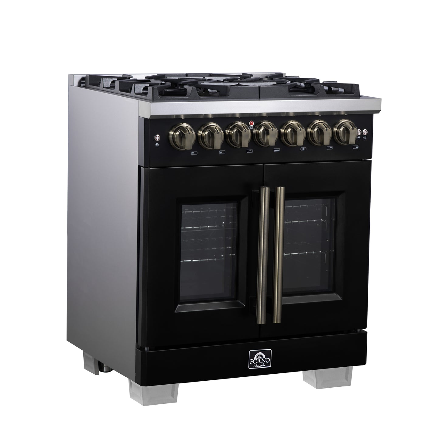 Forno Capriasca 30-Inch Freestanding French Door Dual Fuel Range in Black with Antique Brass Accessories, 5 Burners, True Convection Oven - Forno Appliances