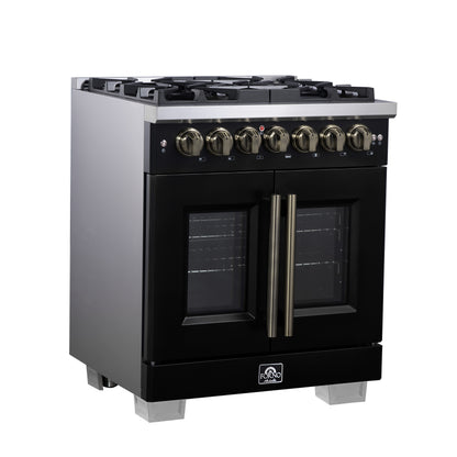Forno Capriasca 30-Inch Freestanding French Door Dual Fuel Range in Black with Antique Brass Accessories, 5 Burners, True Convection Oven - Forno Appliances