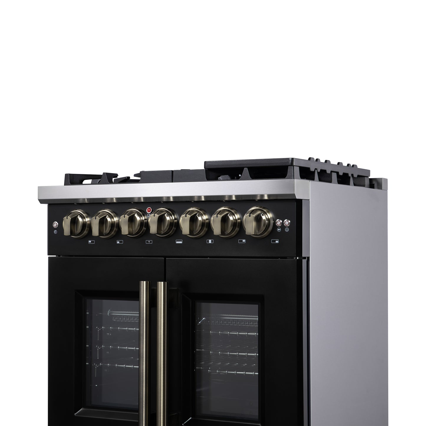 Forno Capriasca 30-Inch Freestanding French Door Dual Fuel Range in Black with Antique Brass Accessories, 5 Burners, True Convection Oven - Forno Appliances
