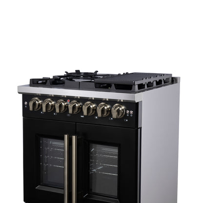 Forno Capriasca 30-Inch Freestanding French Door Dual Fuel Range in Black with Antique Brass Accessories, 5 Burners, True Convection Oven - Forno Appliances