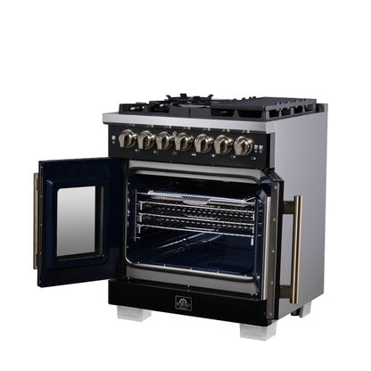 Forno Capriasca 30-Inch Freestanding French Door Dual Fuel Range in Black with Antique Brass Accessories, 5 Burners, True Convection Oven - Forno Appliances