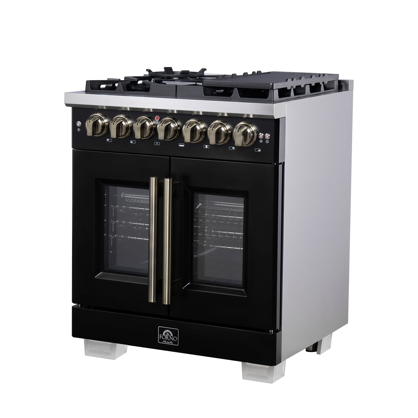 Forno Capriasca 30-Inch Freestanding French Door Dual Fuel Range in Black with Antique Brass Accessories, 5 Burners, True Convection Oven - Forno Appliances