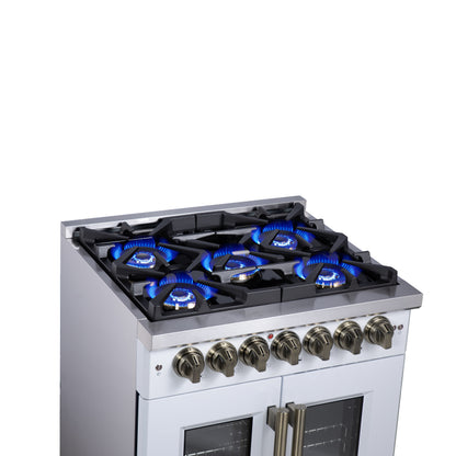 Forno Capriasca 30-Inch Freestanding French Door Dual Fuel Range in White with Antique Brass Accessories, 5 Burners, True Convection Oven - Forno Appliances