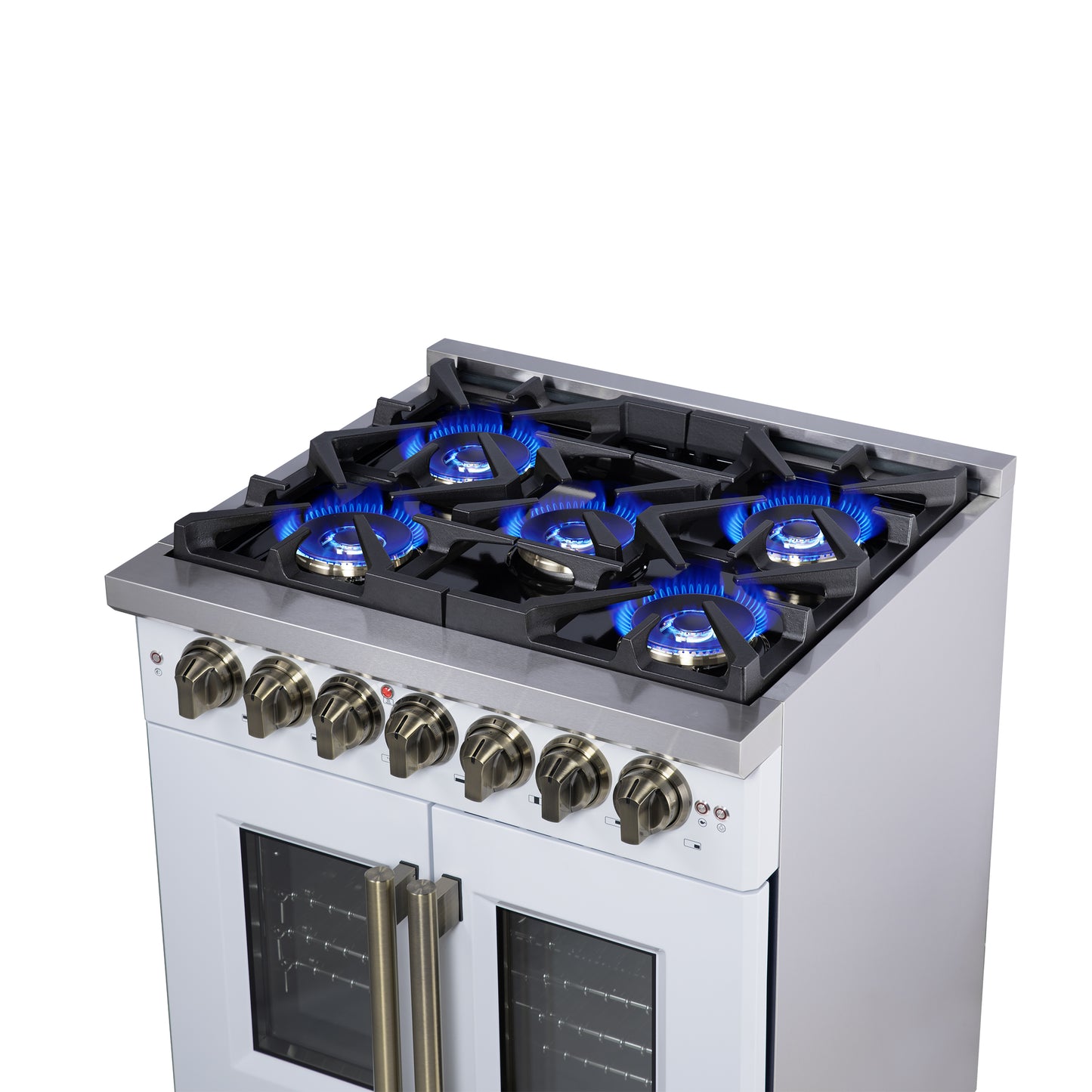 Forno Capriasca 30-Inch Freestanding French Door Dual Fuel Range in White with Antique Brass Accessories, 5 Burners, True Convection Oven - Forno Appliances