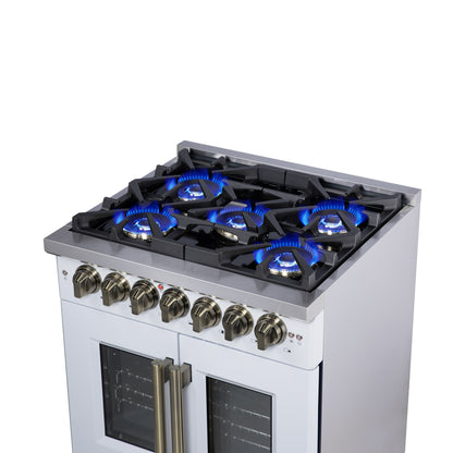 Forno Capriasca 30-Inch Freestanding French Door Dual Fuel Range in White with Antique Brass Accessories, 5 Burners, True Convection Oven - Forno Appliances
