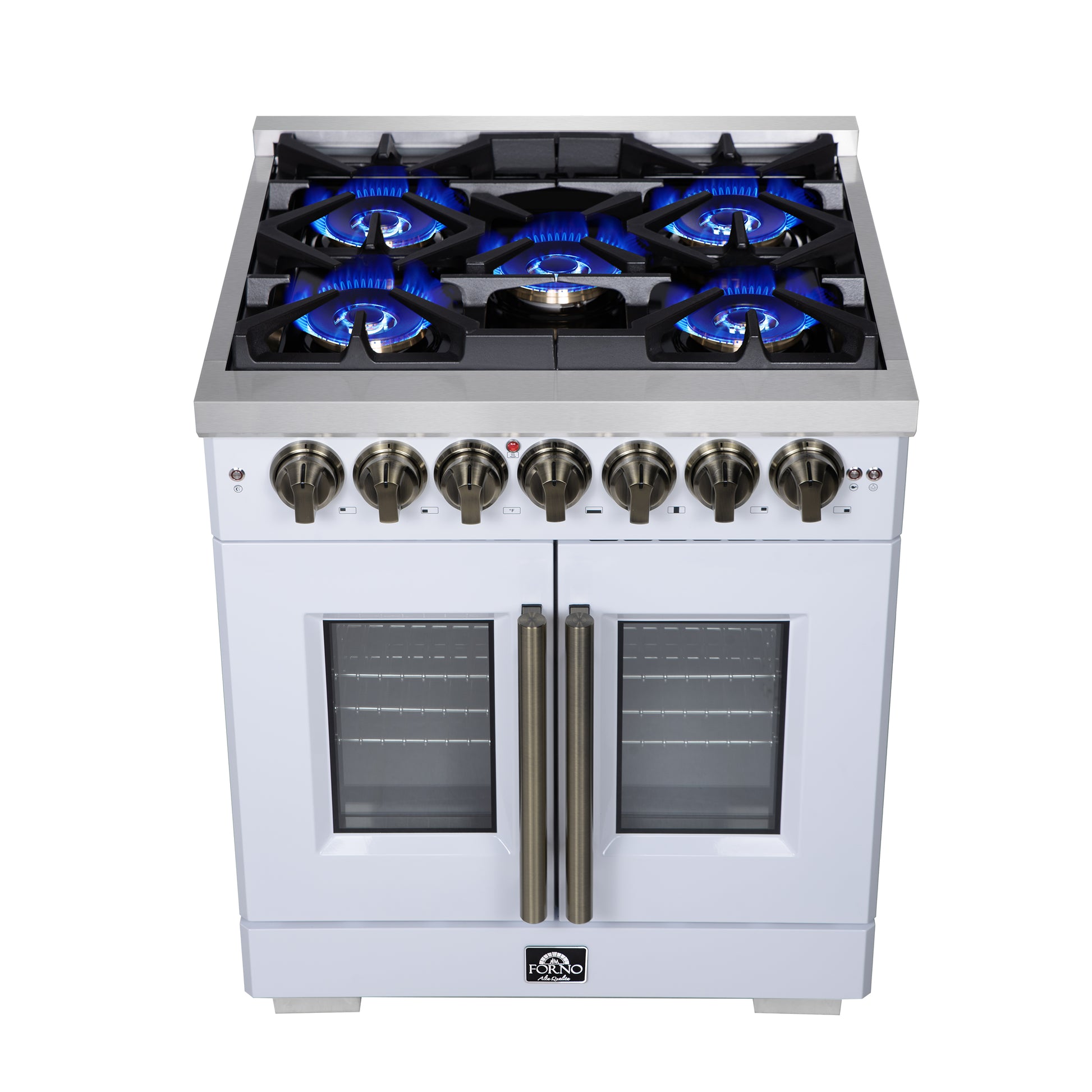 Forno Capriasca 30-Inch Freestanding French Door Dual Fuel Range in White with Antique Brass Accessories, 5 Burners, True Convection Oven - Forno Appliances