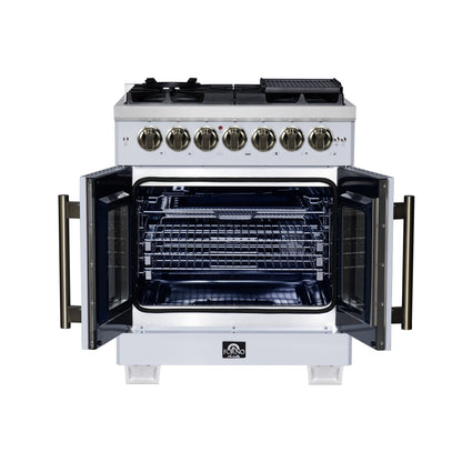 Forno Capriasca 30-Inch Freestanding French Door Dual Fuel Range in White with Antique Brass Accessories, 5 Burners, True Convection Oven - Forno Appliances