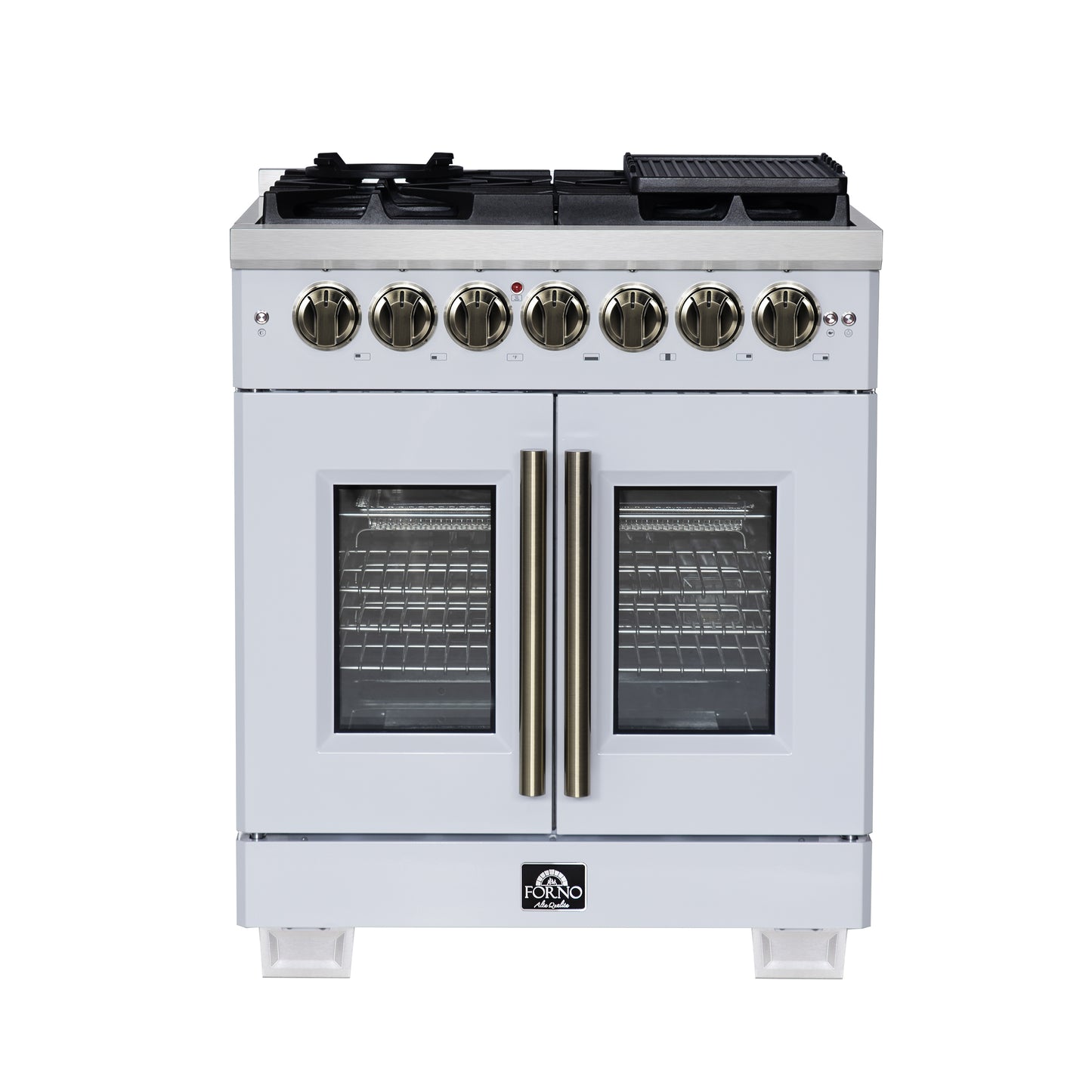 Forno Capriasca 30-Inch Freestanding French Door Dual Fuel Range in White with Antique Brass Accessories, 5 Burners, True Convection Oven - Forno Appliances