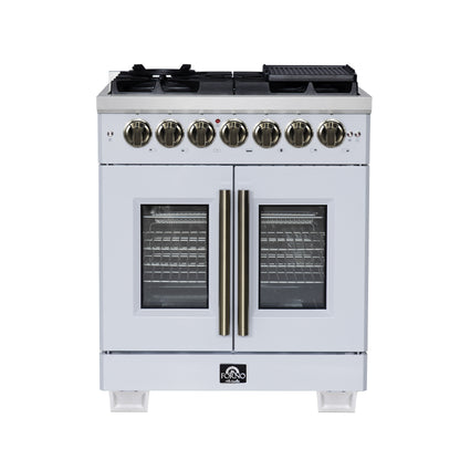 Forno Capriasca 30-Inch Freestanding French Door Dual Fuel Range in White with Antique Brass Accessories, 5 Burners, True Convection Oven - Forno Appliances