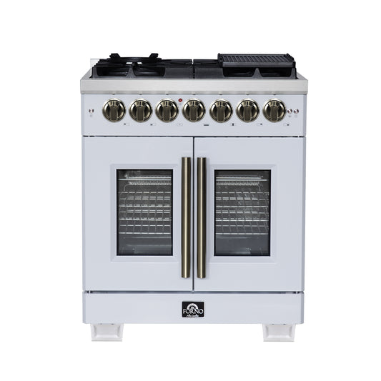 Forno Capriasca 30-Inch Freestanding French Door Dual Fuel Range in White with Antique Brass Accessories, 5 Burners, True Convection Oven - Forno Appliances