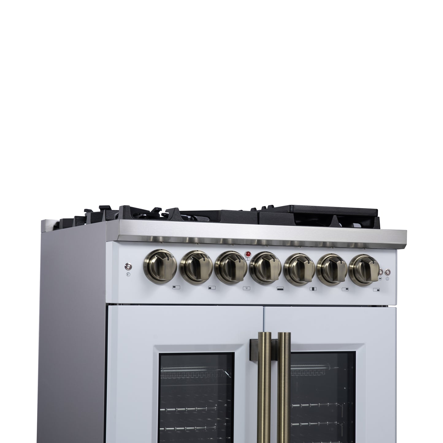 Forno Capriasca 30-Inch Freestanding French Door Dual Fuel Range in White with Antique Brass Accessories, 5 Burners, True Convection Oven - Forno Appliances