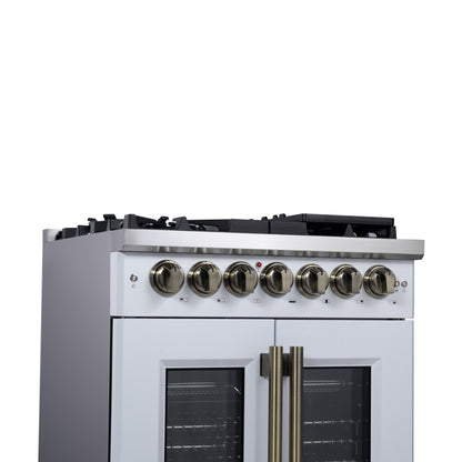 Forno Capriasca 30-Inch Freestanding French Door Dual Fuel Range in White with Antique Brass Accessories, 5 Burners, True Convection Oven - Forno Appliances